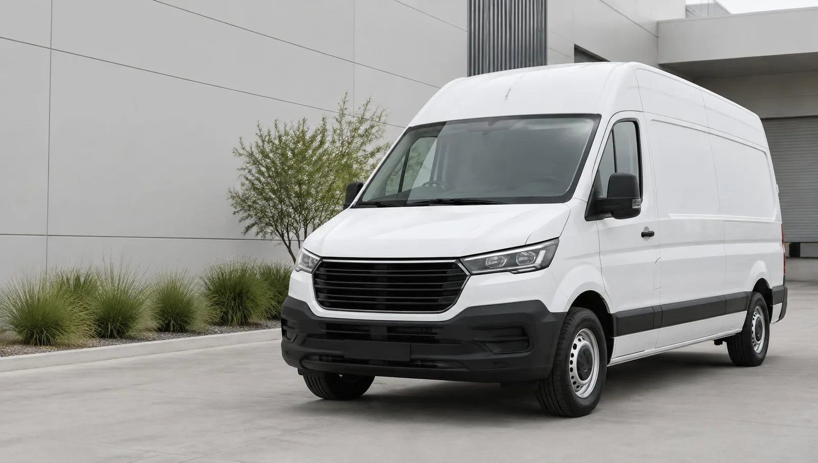 Unbranded white cargo delivery van beside contemporary architecture in neutral daylight; illustrative imagery, not SURUB's fleet.